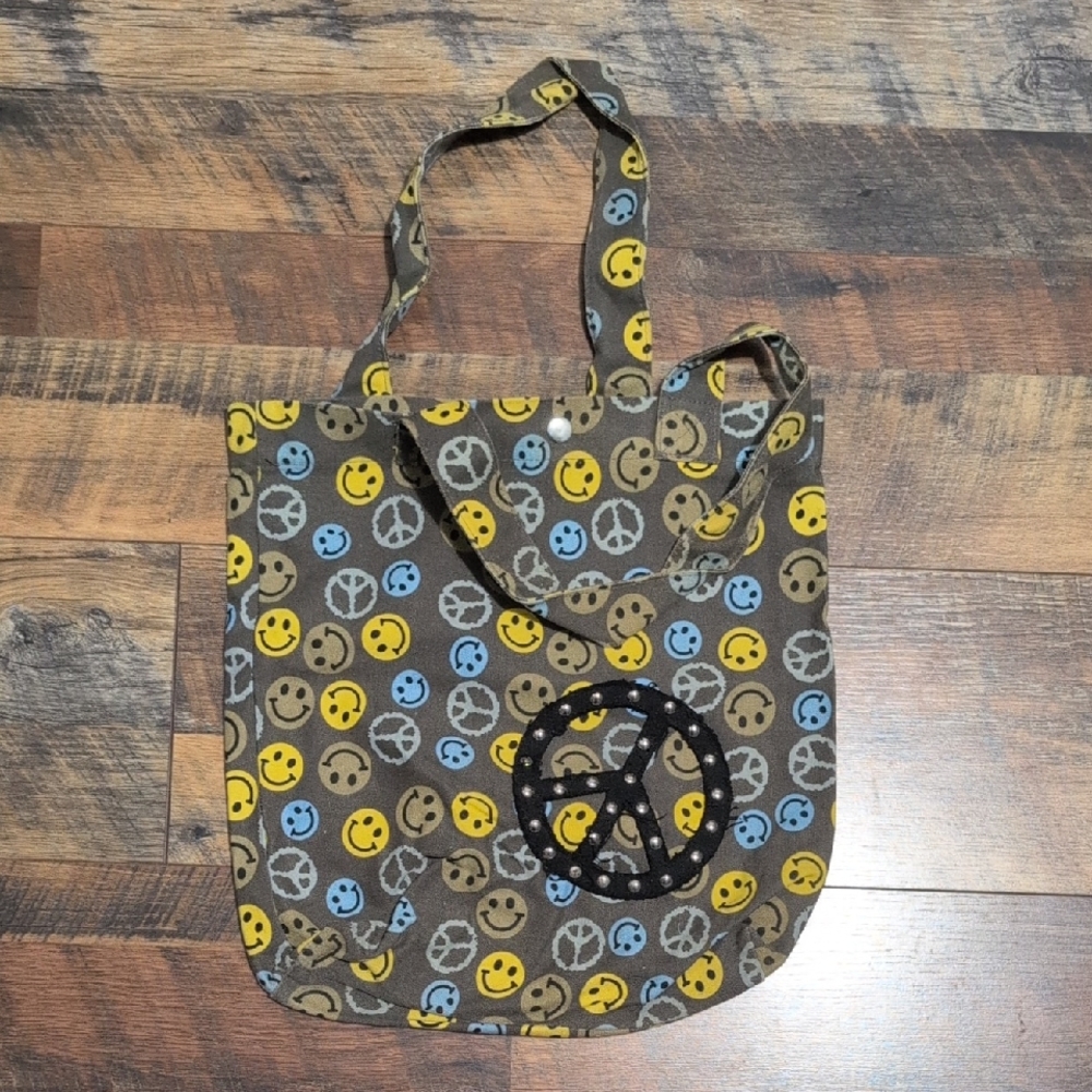 Smiley Peace Sign Tote Bag - Brown and Blue With Studs